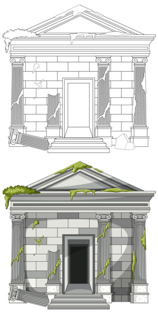 废弃古典石庙入口的矢量插画图片下载