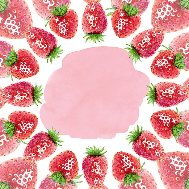 多汁草莓的方形画框。红色夏日浆果花环。手绘水彩插画。用于设计化妆品、水果零食、果酱、糖果、口香糖、菜单的复制空间模板。图片下载