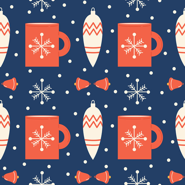 可爱的圣诞节日手绘复古插画矢量无缝图，背景为蓝色，饰有圣诞球、红色马克杯、铃铛和雪花图片下载