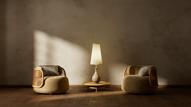 温暖的中性色调室内设计，带有柔和的阴影、精致的纹理和宽敞的留白，营造出现代舒适的生活氛围。三维插画图片下载