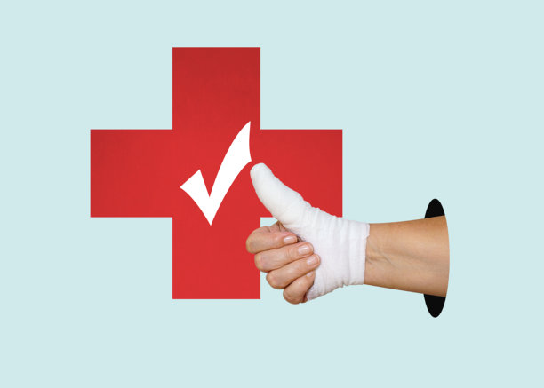 受伤、疼痛的手指或手，缠着白色绷带，形似点赞符号。满意于药物概念。扁平化设计插画。图片下载