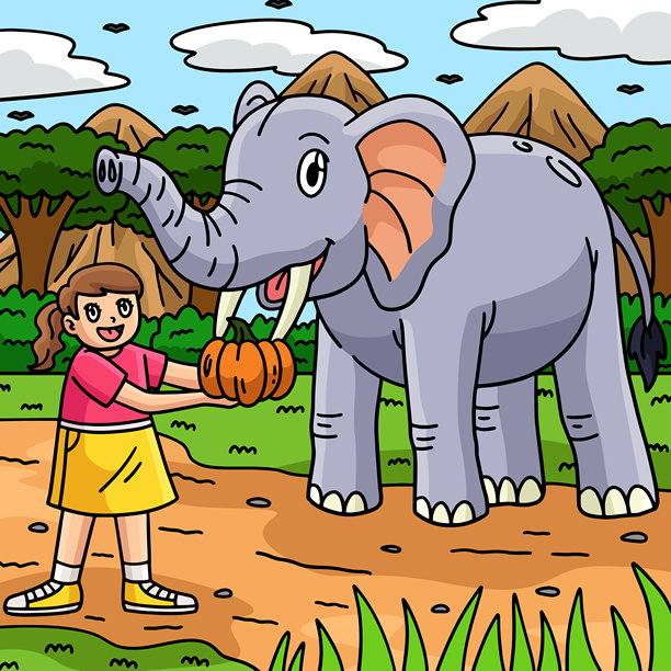 卡通插画：女孩喂养大象图片下载