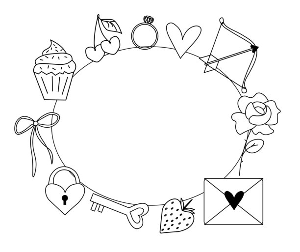 情人节粉色心形与蝴蝶结椭圆形边框。矢量线条黑白插画。用于海报、邀请函、背景、广告、促销活动、T恤印花图片下载