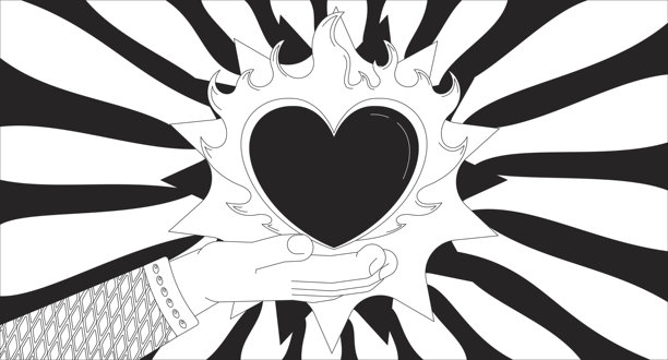 手递出火焰爱心，光芒四射的低保真插画线条图片下载
