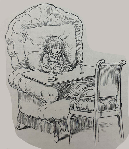 古董插画 - 一个生病的年轻女孩坐在大椅子上，腿上放着写字板，盖着毯子图片下载