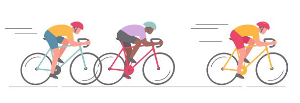 团队自行车赛的矢量图插画，现代扁平卡通设计，在白色背景上孤立，三名运动员在赛道上快速骑行运动自行车，抠图素材图片下载