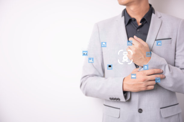 该插画展示了一个商业图标，通过人工智能机器人展示业务增长，背景中有一位男商人。图片下载