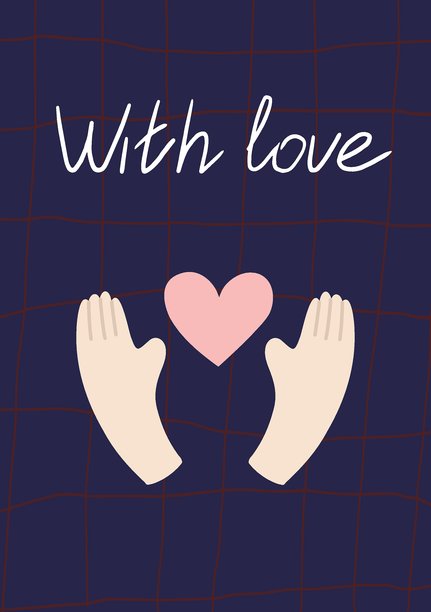 手绘浪漫贺卡，带有“爱”字样，关怀的手捧着心，极简深色背景插画，适用于情人节、婚礼、纪念日、可打印海报、邀请函设计和庆祝装饰矢量图图片下载