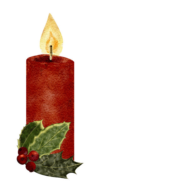 圣诞蜡烛，饰有冬青叶和红色浆果。手绘水彩冬季植物，孤立在白色背景上。图片下载