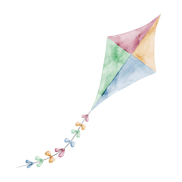 风筝水彩插画。带有长丝带的玩具在空中随风飘动。柔和色彩的艺术画，适用于婴儿送礼会贺卡或儿童生日派对请柬图片下载