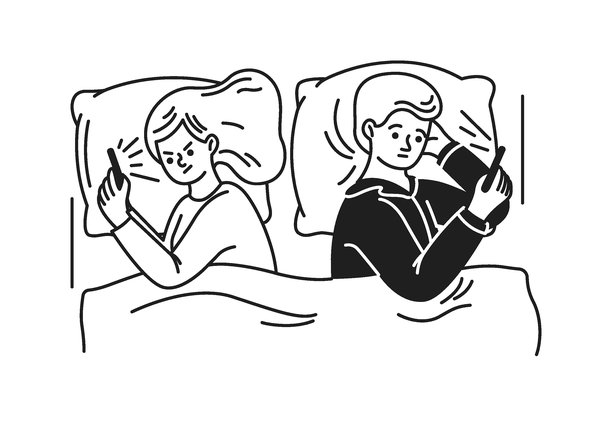 情侣在床上使用手机的线条插画图片下载