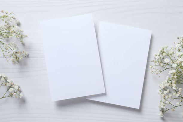 白底上满天星花朵和纸卡俯视照片图片下载