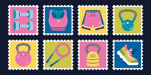 邮票合集，包含运动服装、装备和运动员图标。潮流现代矢量插画，手绘，扁平化设计图片下载