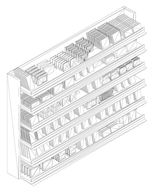 一座概念化的图书馆建筑完全由摆满彩色书籍的书架构成，宛如一个线框建筑模型。这幅富有创意的插画融合了商店、零食的概念。图片下载