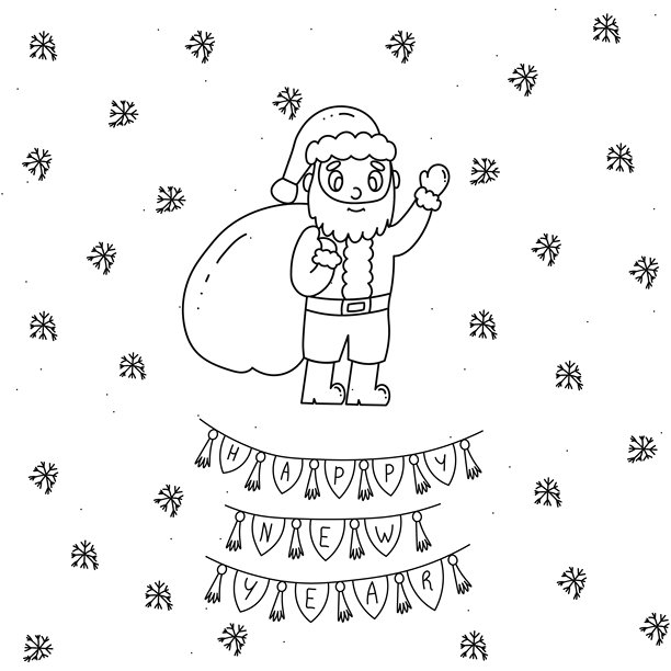 黑白风格插画，描绘了圣诞老人以及“新年快乐”的字样图片下载