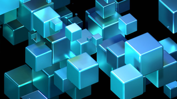 抽象科技背景，太空中的3D立方体，黑色背景上发光的蓝色立方体，科学壁纸。图片下载