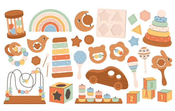 木制儿童玩具合集。积木、木琴、金字塔、蒙特梭利玩具。童年、儿童教育游戏、学龄前活动概念。矢量扁平化插画图片下载