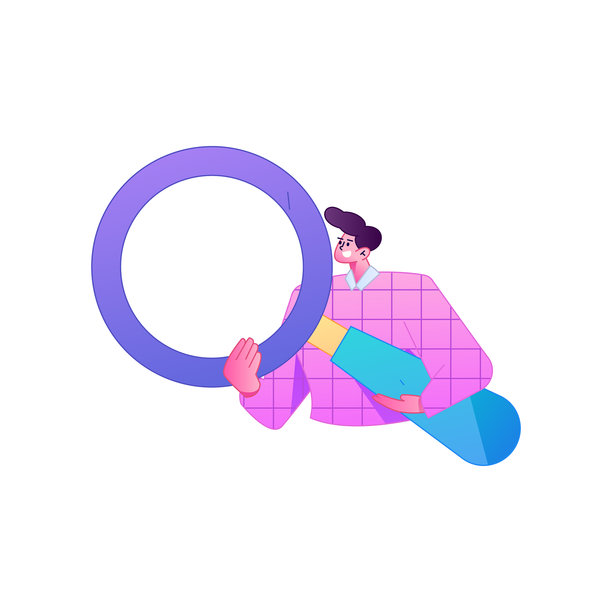 一个人拿着放大镜进行搜索、研究和观察的矢量插画。图片下载