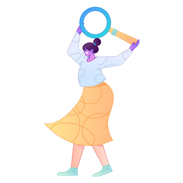 一个人手持放大镜进行搜索、研究和观察的矢量插画。图片下载