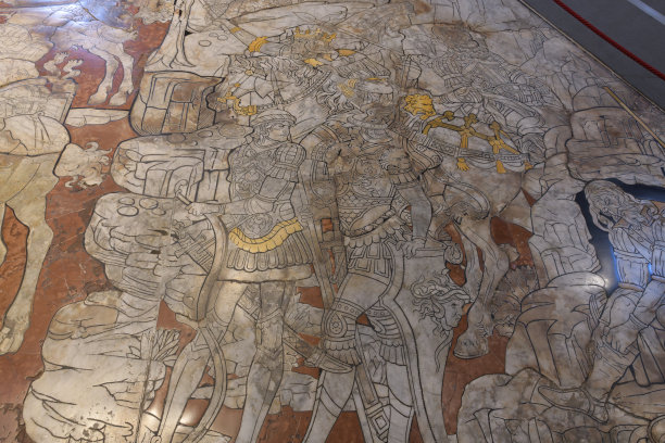 这张图片描绘了锡耶纳大教堂的马赛克场景，其中有历史战役和犹滴的胜利。意大利锡耶纳大教堂。图片下载