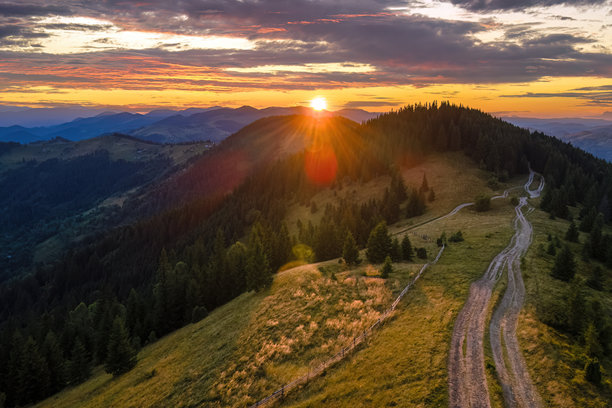 山地徒步路线景观。在金黄落日照耀下的云杉林间一条深色土路。野外国家公园高地的明亮多彩的日落。图片下载