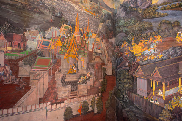 曼谷大皇宫著名的画作是罗摩衍那壁画，位于玉佛寺周围的Phra Rabiang画廊。图片下载