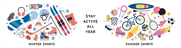 冬季运动装备与夏季运动装备的圆形构图，主题为积极的生活方式。时尚现代的矢量插画，孤立在白色背景上，手绘，扁平化设计。图片下载