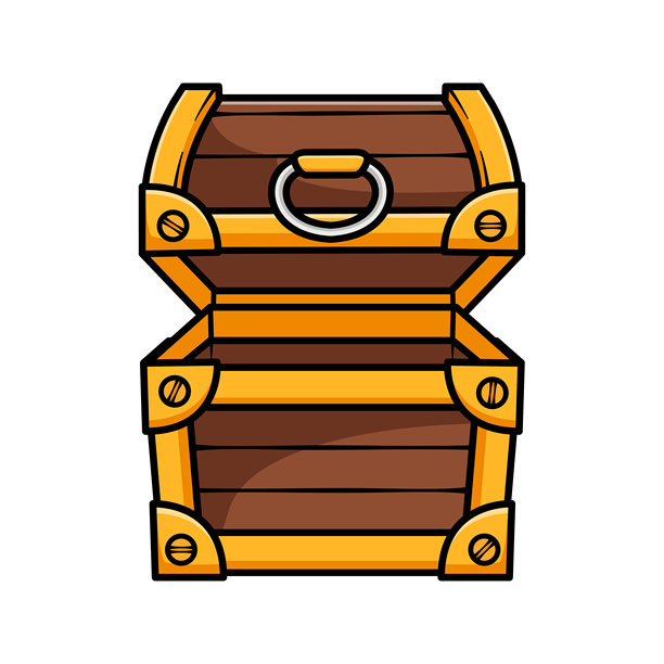 可爱的卡通宝箱矢量图，线条粗犷，色彩鲜明。木质宝箱带有金色装饰，非常适合作为游戏素材、图标、奇幻主题和海盗元素的插图。图片下载