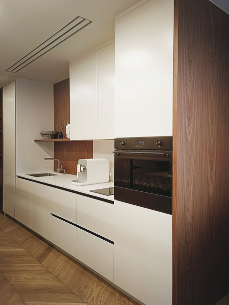 现代白色厨房，配备集成式电器。时尚的室内设计理念。竖幅照片。图片下载