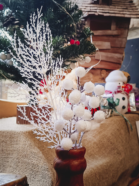 一幅节日新年构成，包括白色树枝、球饰和雪花。一张美丽的圣诞背景。图片下载