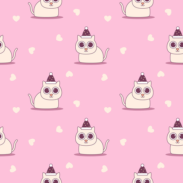 可爱的白色猫咪卡通形象，在粉色爱心背景上，无缝矢量插画图案。图片下载