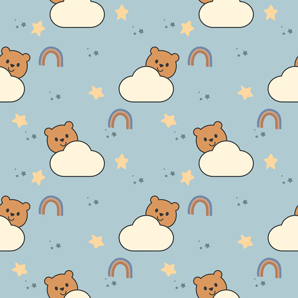 可爱的小熊和云朵卡通图案，背景是星星彩虹。无缝矢量插画。图片下载