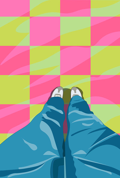 第一人称视角，穿着运动鞋的脚、牛仔裤，背景是格子地板的矢量插画图片下载