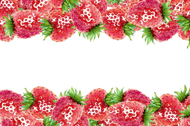 一张横幅，上面是多汁的草莓。一个红色的夏日浆果花环。手绘水彩插画。可供设计的复制空间模板，用于化妆品、水果零食、果酱、糖果、口香糖、菜单。图片下载