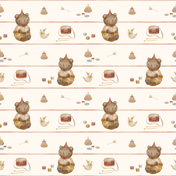 泰迪熊图案搭配复古玩具、鼓、立方体和金字塔。儿童风格的手绘水彩插画。用于纺织品、服装、壁纸设计的红条纹、米色背景印花。图片下载