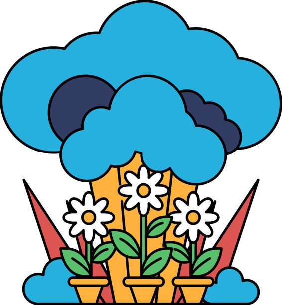 前景中有三盆花，背景是多云的天空插画图片下载