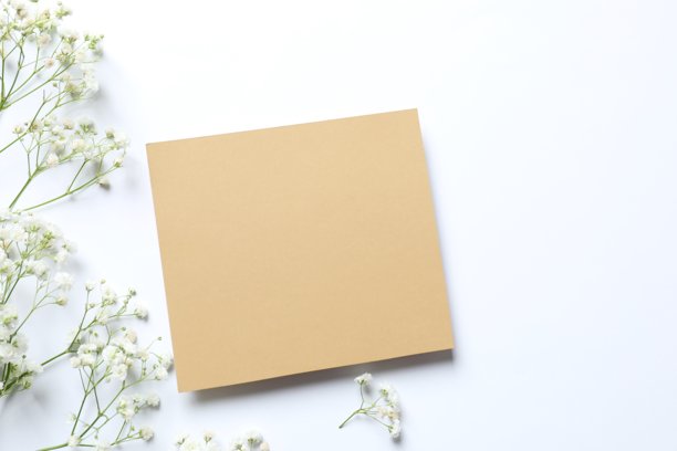 白底上满天星花朵和纸卡的俯视照片图片下载