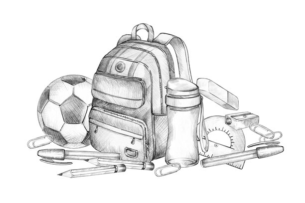书包、足球、铅笔、钢笔、橡皮擦、回形针、水瓶，手绘教育主题素描，秋季活动，用于学习装饰的开学插画图片下载