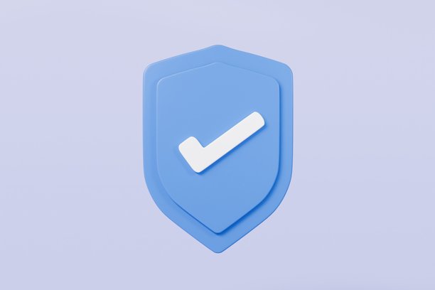 3D写实风格的盾牌安全图标，带有对勾标志。代表保护、批准、安全、保证的概念。极简的蓝色和白色盾牌已验证徽章图标，孤立在紫色背景上。3D渲染。图片下载