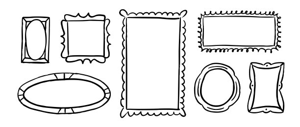 涂鸦画框画廊集合。手绘照片和图片边框集。素描情绪板拼贴模板。记忆墙构图创意。7个涂鸦艺术画框布局安排。矢量图图片下载