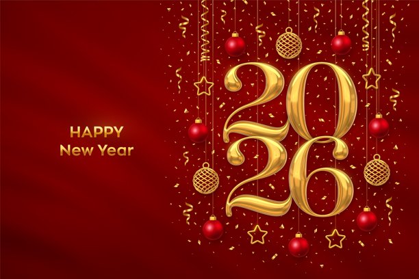 新年快乐2026。金色的金属数字2026，带有闪亮的3D金属星星、球体、纸屑，背景为红色。新年贺卡、横幅模板。逼真的矢量插画。图片下载