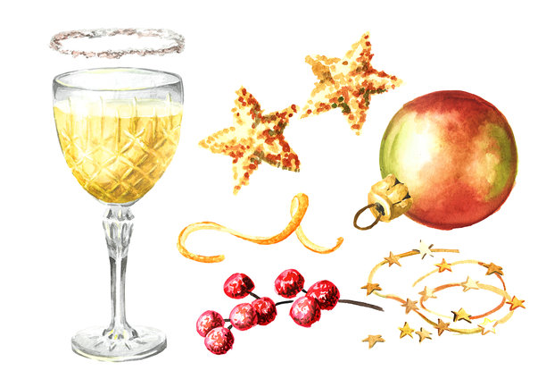 节日鸡尾酒，水晶高脚杯中的利口酒。手绘水彩插画，孤立在白色背景上图片下载