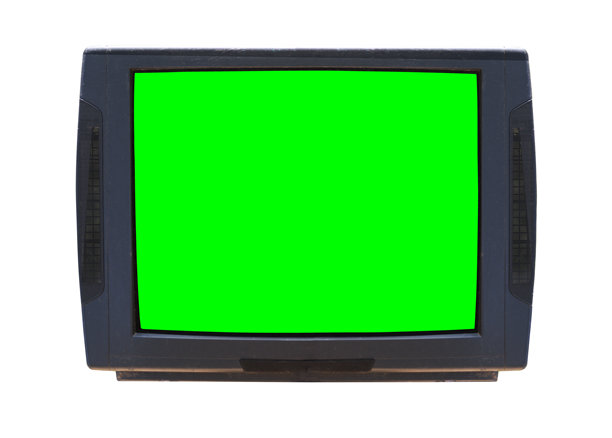 老式CRT电视机，屏幕为绿色，孤立在白色背景上。图片下载
