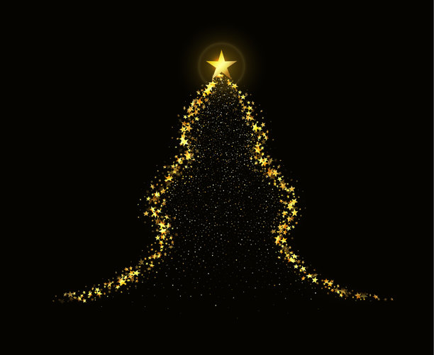 由五彩纸屑、金色星星和星尘组成的闪耀圣诞树，孤立在黑色背景上。矢量插画。图片下载
