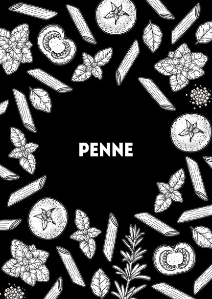 传统意大利面食手绘插画，以笔管面为边框。意大利美食，主食。适用于包装、菜单的背景。俯视角度。非AI生成。图片下载