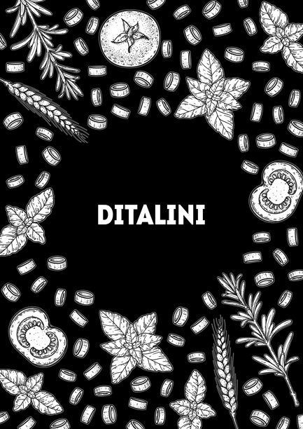 手绘意大利面线条画。通心粉拼成的画框。意大利美食。主食。矢量手绘插画。适用于包装、菜单的背景。俯视。非AI生成。图片下载