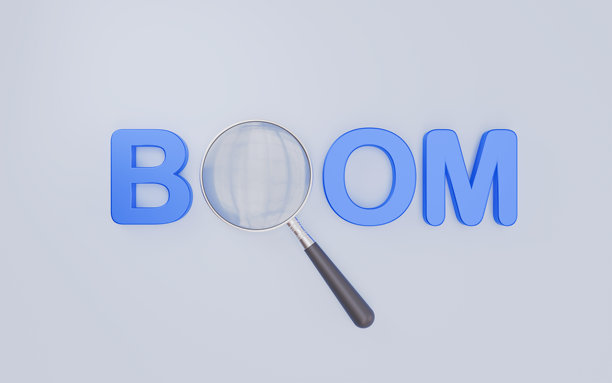 放大镜放在“Boom”一词上 3D插画图片下载