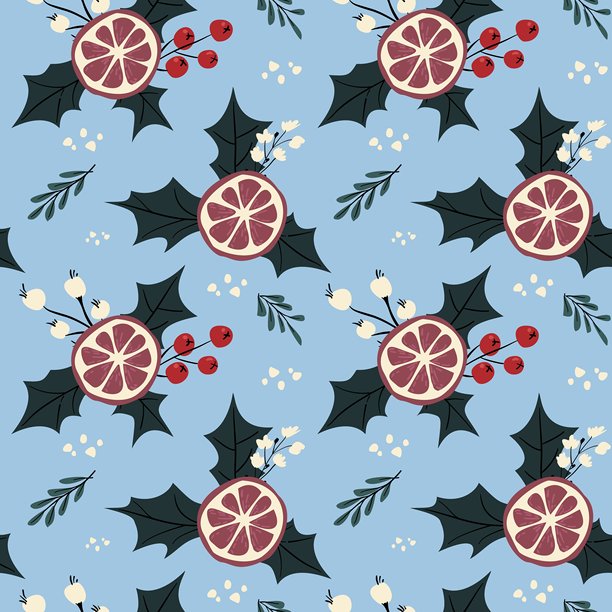 带有干橙片、冬青叶、红浆果和冬季叶子的无缝节日图案。适用于礼品包装、包装、节日贺卡、纺织品和季节性装饰的圣诞背景。浅蓝色背景上手绘的冬季元素。图片下载