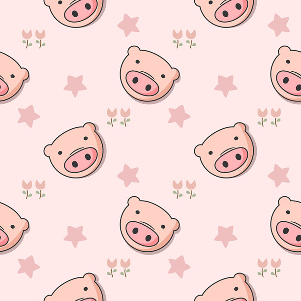 可爱的猪猪卡通脸，在粉红色的星星花朵背景上，无缝图案矢量插画。图片下载