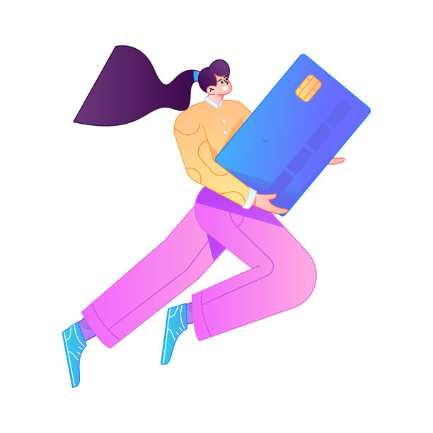 矢量渐变插画，一位人物持信用卡进行金融支付。图片下载